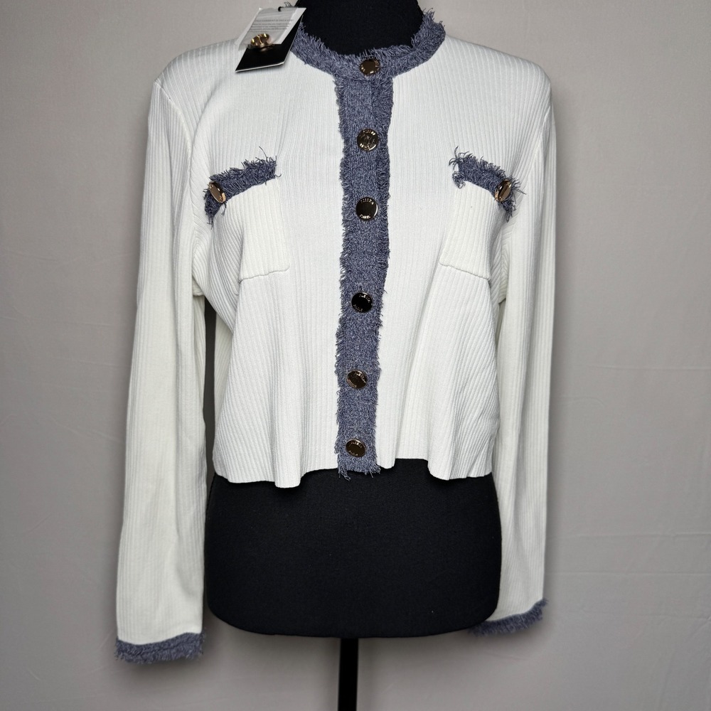 Aleeza Paris White Ribbed Cropped Cardigan Fringed Blue Trim Gold Buttons XL